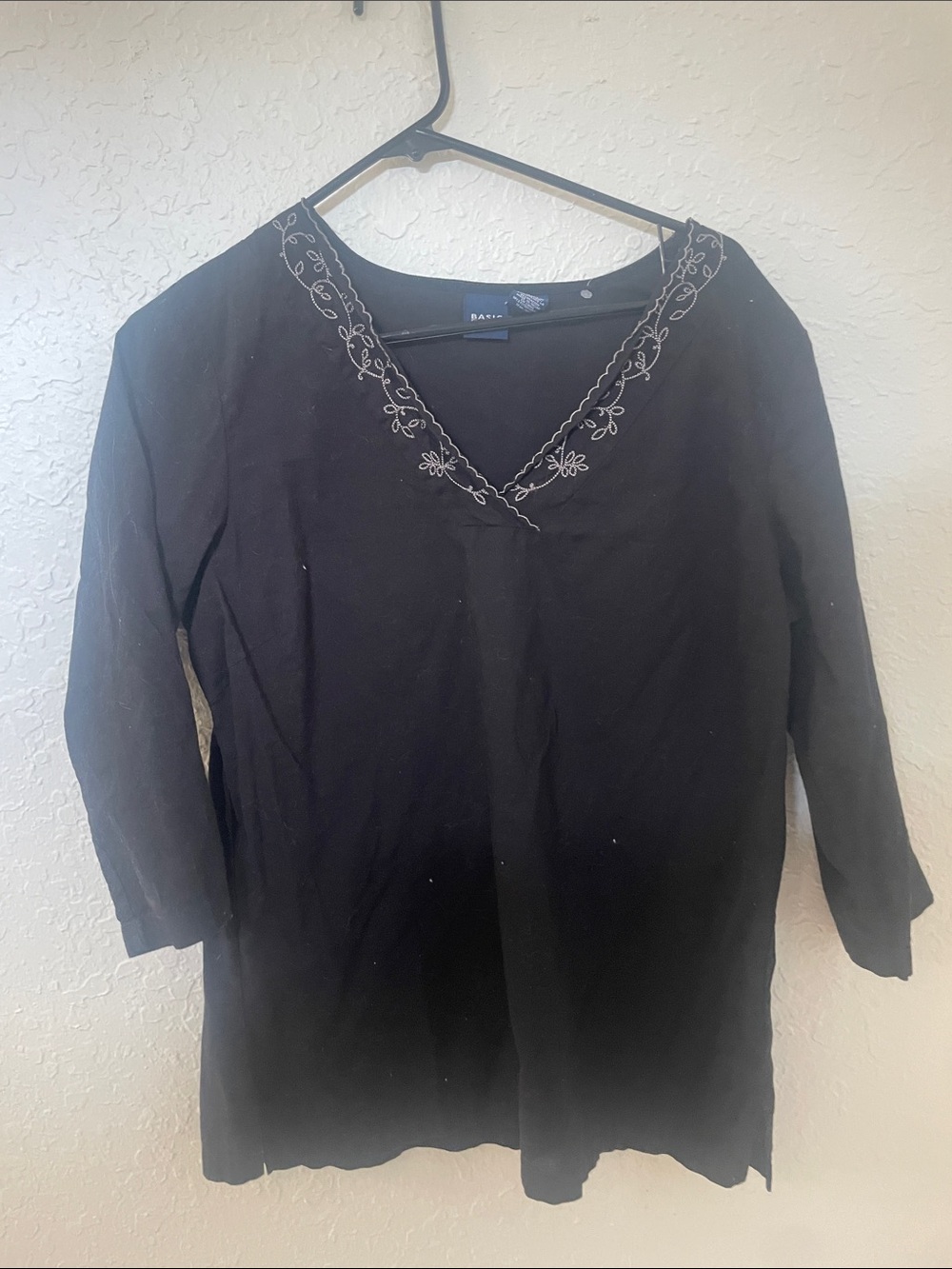 Basic Editions Black V-Neck Tunic with White Neck Embroidery